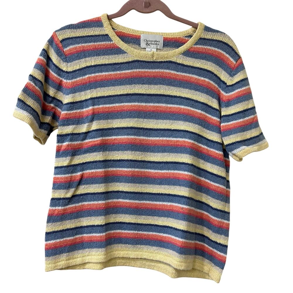 Christopher & Banks Vtg Women Sz Medium Blue Striped Short Sleeve Sweater Pastel